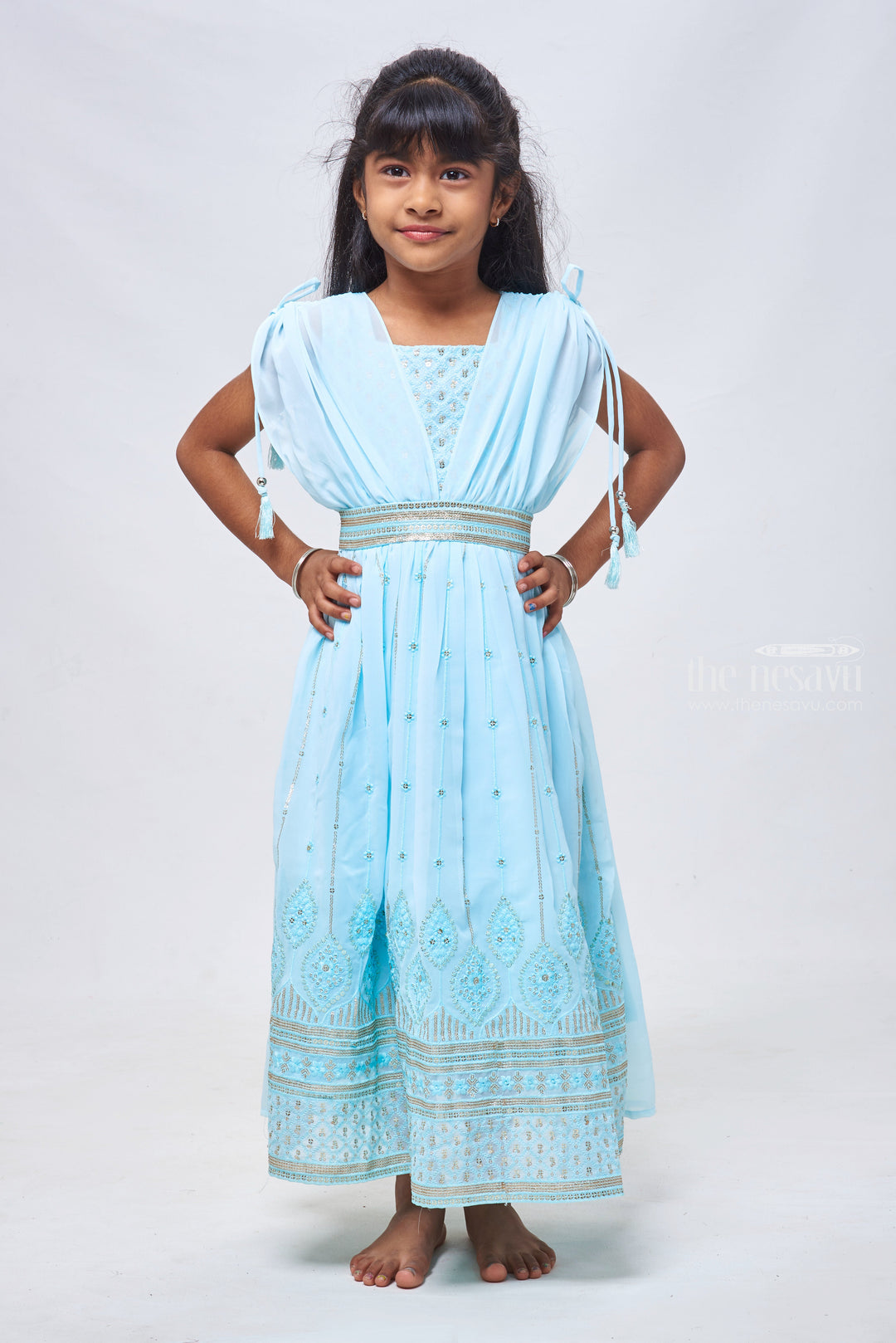 The Nesavu Girls Party Gown Azure Blue Sequins & Poncho Sleeves: Full Length Gown for Girls Nesavu 22 (4Y) / Blue / Georgette GA147A-22 Embroidered Anarkali Ethnic Wear | Anarkali Dress Shop Online | The Nesavu