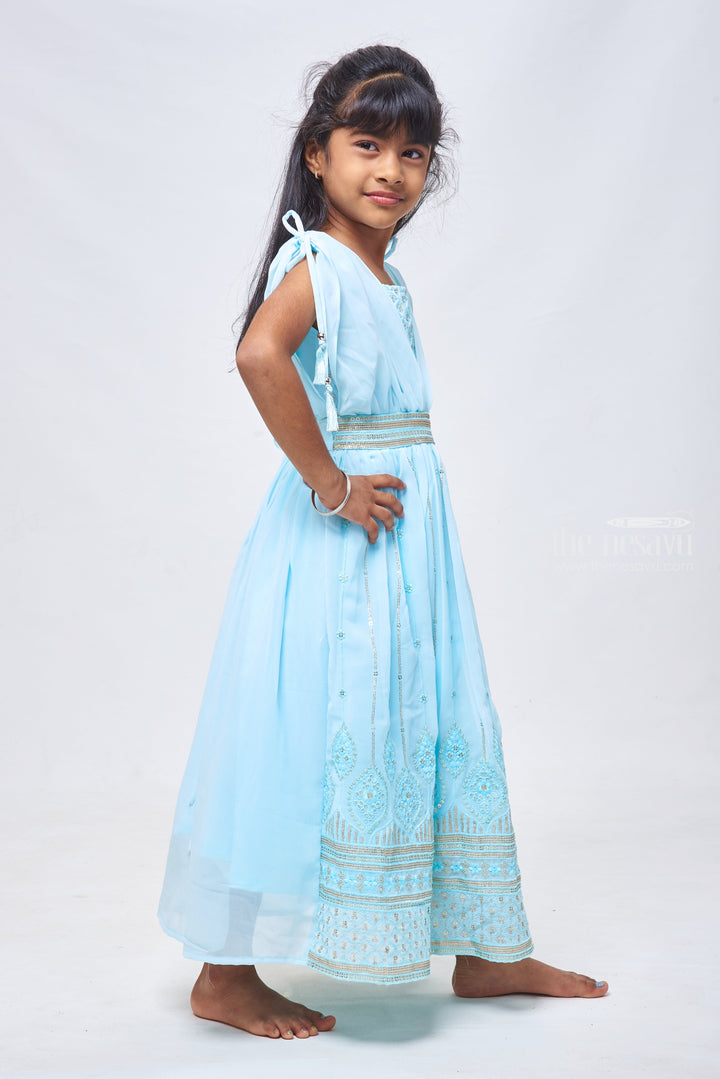 The Nesavu Girls Party Gown Azure Blue Sequins & Poncho Sleeves: Full Length Gown for Girls Nesavu Embroidered Anarkali Ethnic Wear | Anarkali Dress Shop Online | The Nesavu