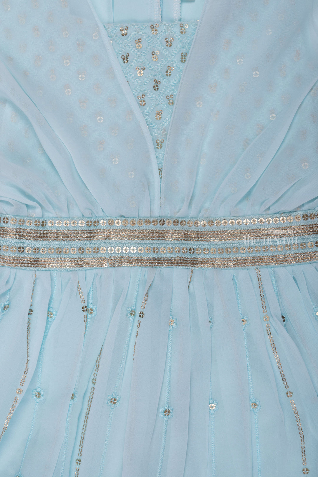 The Nesavu Party Gown Azure Blue Sequins & Poncho Sleeves: Full Length Gown for Girls Nesavu Embroidered Anarkali Ethnic Wear | Anarkali Dress Shop Online | The Nesavu