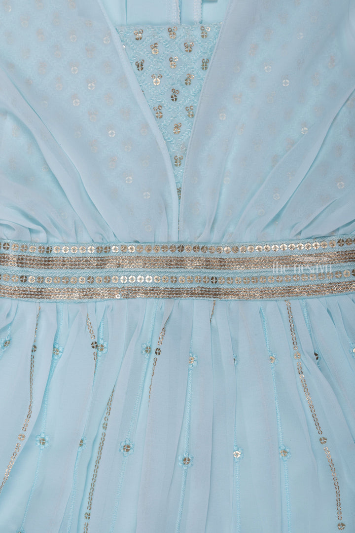 The Nesavu Party Gown Azure Blue Sequins & Poncho Sleeves: Full Length Gown for Girls Nesavu Embroidered Anarkali Ethnic Wear | Anarkali Dress Shop Online | The Nesavu