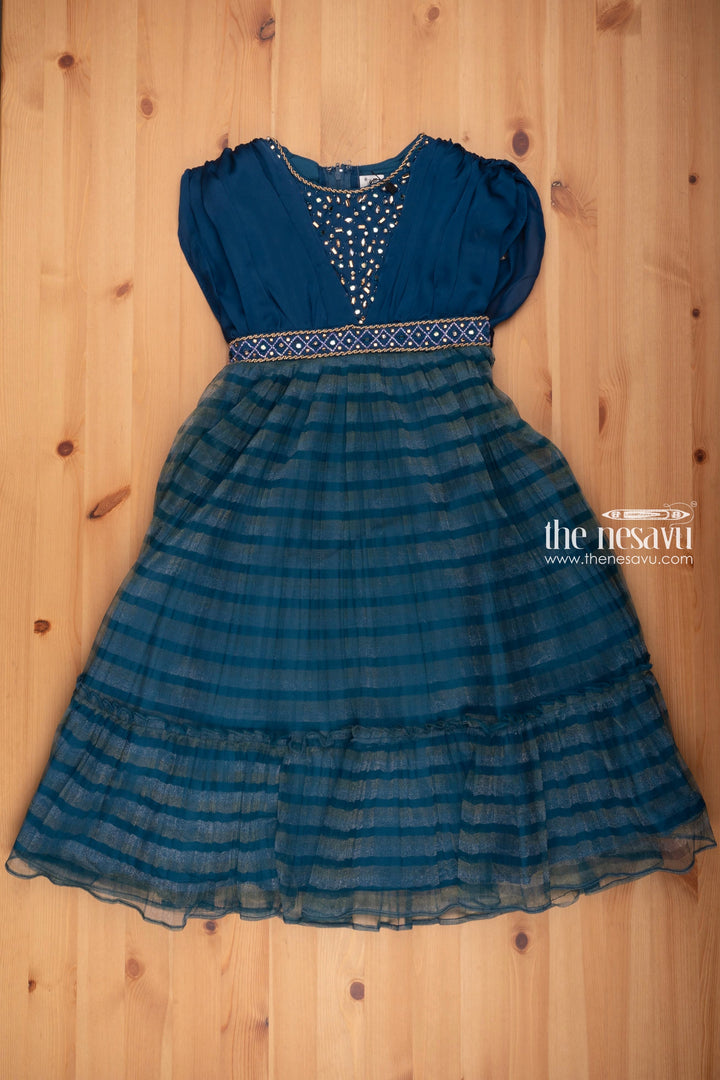 The Nesavu Girls Party Gown Azure Blue Striped Delight with Radiant Mirror Stone Patterns: Ethereal Elegance for Aspiring Divas Nesavu 20 (3Y) / Blue / Plain net GA142A-20 Anarkali Dress Collection | Anarkali Festive Wear | the Nesavu