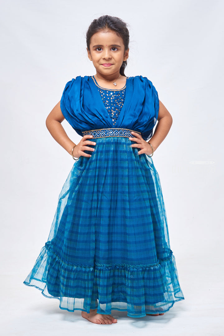 The Nesavu Girls Party Gown Azure Blue Striped Delight with Radiant Mirror Stone Patterns: Ethereal Elegance for Aspiring Divas Nesavu 20 (3Y) / Blue / Plain net GA142A-20 Anarkali Dress Collection | Anarkali Festive Wear | the Nesavu