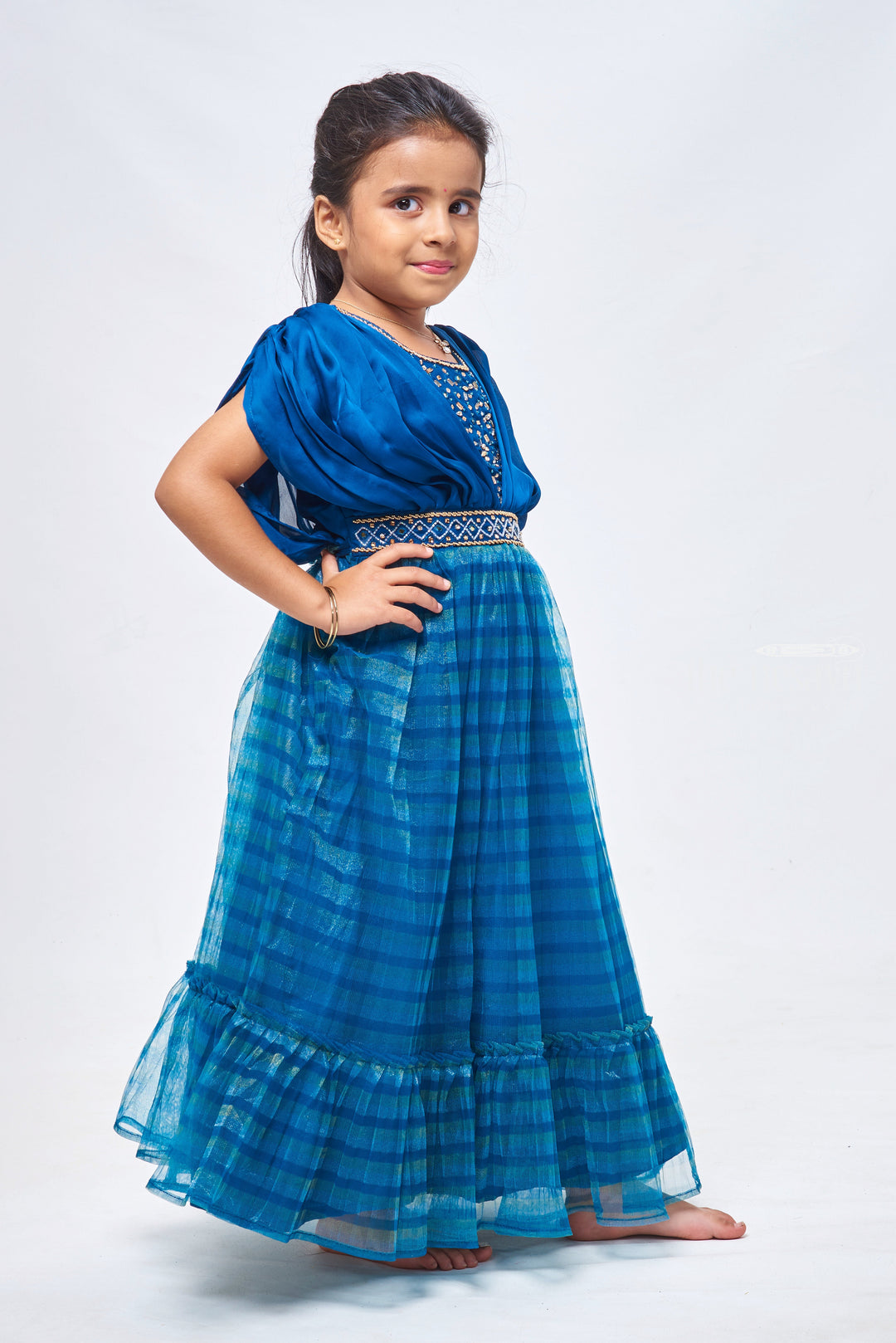 The Nesavu Girls Party Gown Azure Blue Striped Delight with Radiant Mirror Stone Patterns: Ethereal Elegance for Aspiring Divas Nesavu Anarkali Dress Collection | Anarkali Festive Wear | the Nesavu