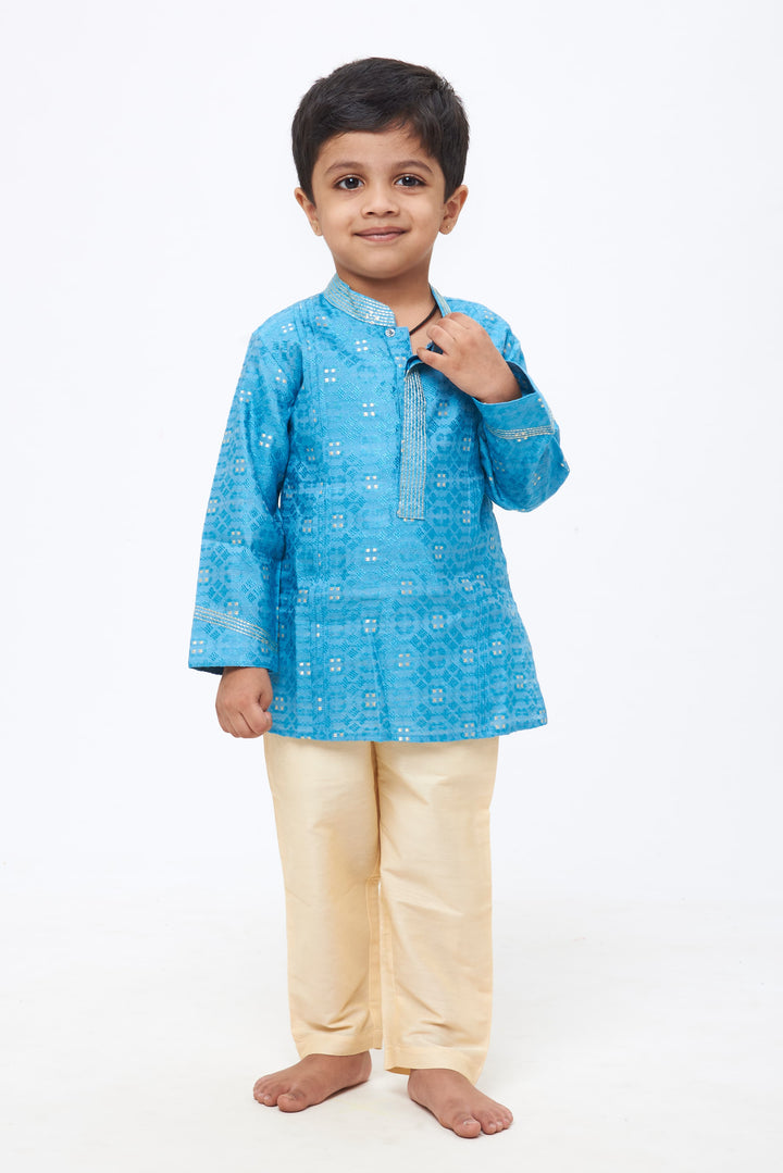 The Nesavu Boys Kurtha Set Azure Elegance: Boys' Jacquard Kurta with Tailored White Trousers Nesavu 14 (6M) / Blue / Dupion BES417B-14 Celebrate in Style | Boys Trendy Kurta with Matching Pant | The Nesavu