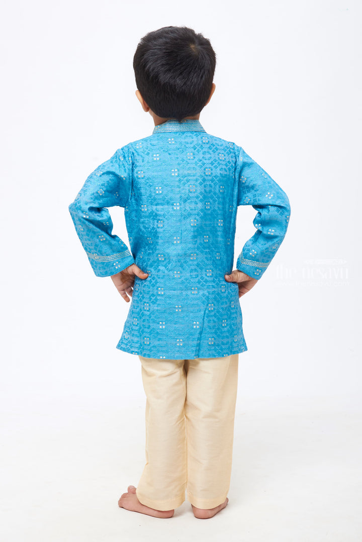 The Nesavu Boys Kurtha Set Azure Elegance: Boys' Jacquard Kurta with Tailored White Trousers Nesavu Celebrate in Style | Boys Trendy Kurta with Matching Pant | The Nesavu