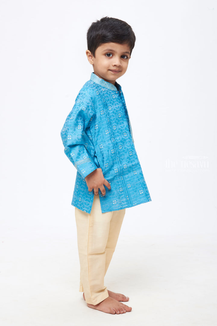 The Nesavu Boys Kurtha Set Azure Elegance: Boys' Jacquard Kurta with Tailored White Trousers Nesavu Celebrate in Style | Boys Trendy Kurta with Matching Pant | The Nesavu