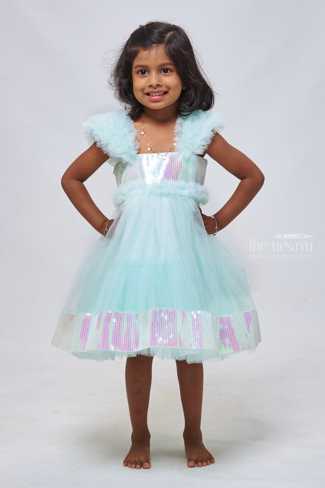 The Nesavu Girls Tutu Frock Azure Elegance: Dazzling Sequin-Embroidered Designer Party Frock for Girls Nesavu 16 (1Y) / Blue / Plain Net PF145A-16 Sophisticated Baby Party Dresses: Unique Birthday Frocks for Girls | The Nesavu