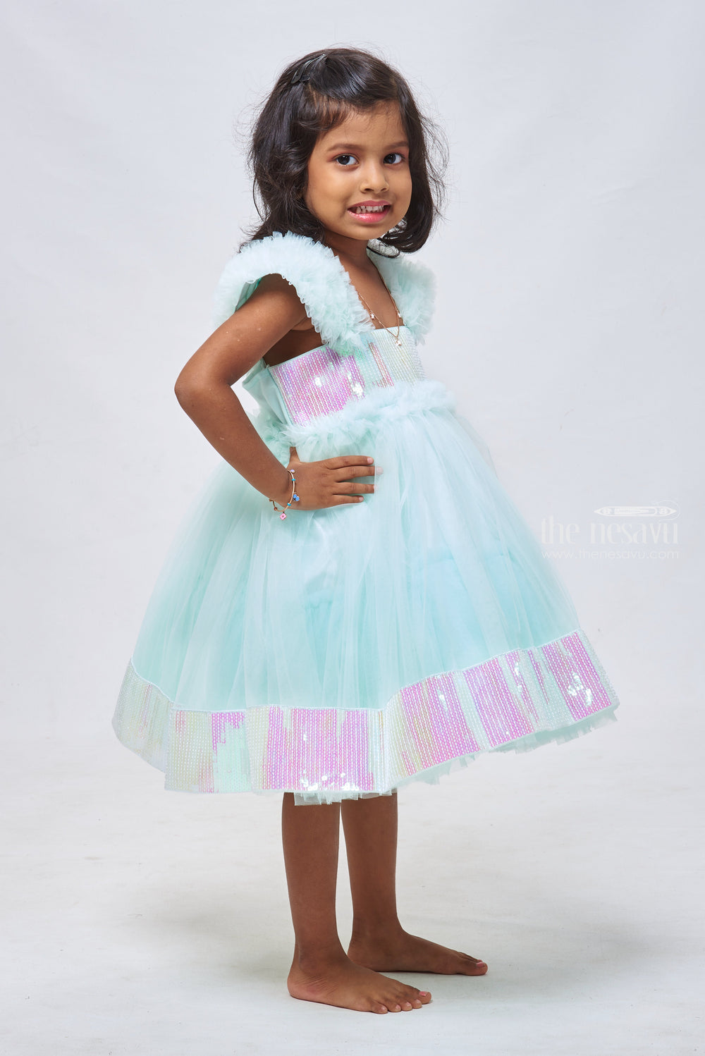 The Nesavu Girls Tutu Frock Azure Elegance: Dazzling Sequin-Embroidered Designer Party Frock for Girls Nesavu Sophisticated Baby Party Dresses: Unique Birthday Frocks for Girls | The Nesavu