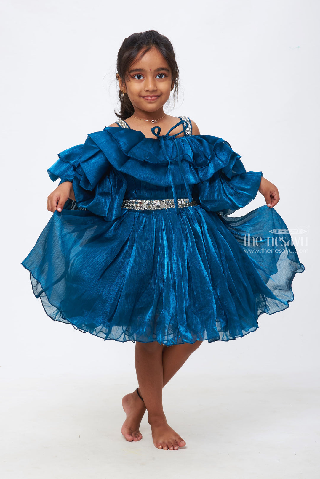 The Nesavu Girls Fancy Party Frock Azure Elegance: Girls Deep Blue Organza Ruffle Frock with Crystal Embellishments Nesavu 16 (1Y) / Blue / Satin Organza PF154B-16 A Touch of Elegance | Girls Party Frocks for Special Moments | The Nesavu