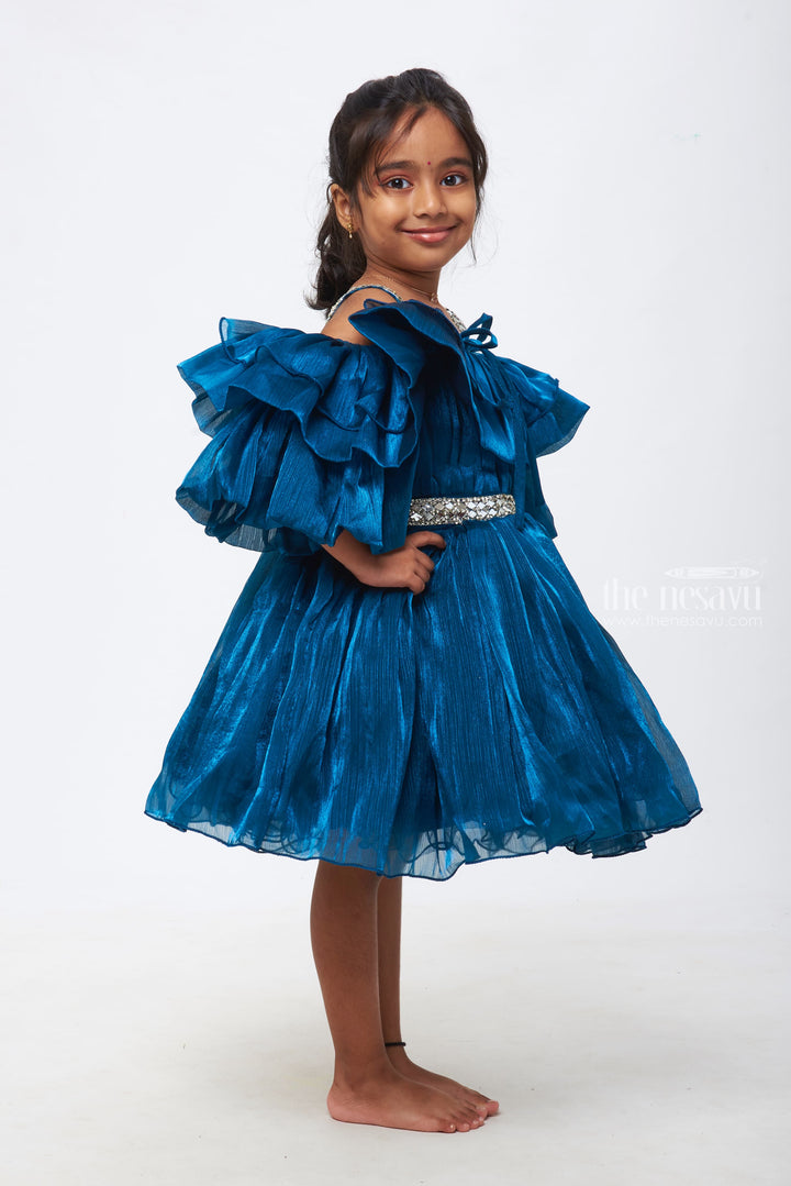 The Nesavu Girls Fancy Party Frock Azure Elegance: Girls Deep Blue Organza Ruffle Frock with Crystal Embellishments Nesavu A Touch of Elegance | Girls Party Frocks for Special Moments | The Nesavu