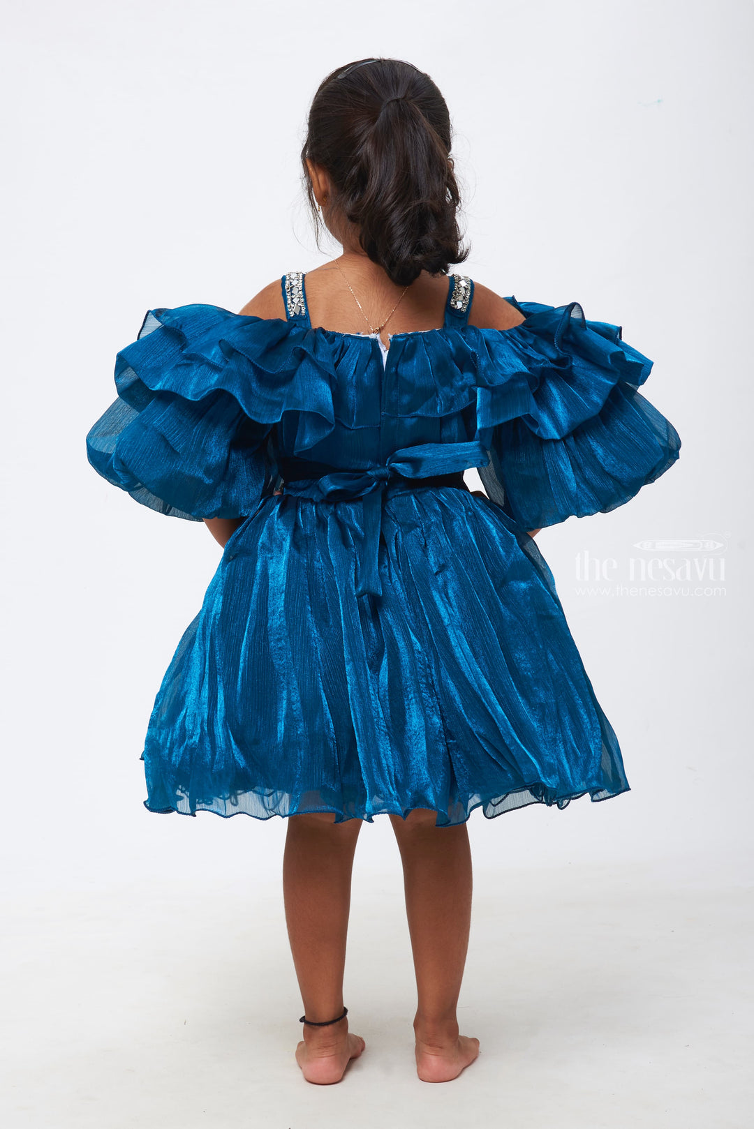 The Nesavu Girls Fancy Party Frock Azure Elegance: Girls Deep Blue Organza Ruffle Frock with Crystal Embellishments Nesavu A Touch of Elegance | Girls Party Frocks for Special Moments | The Nesavu