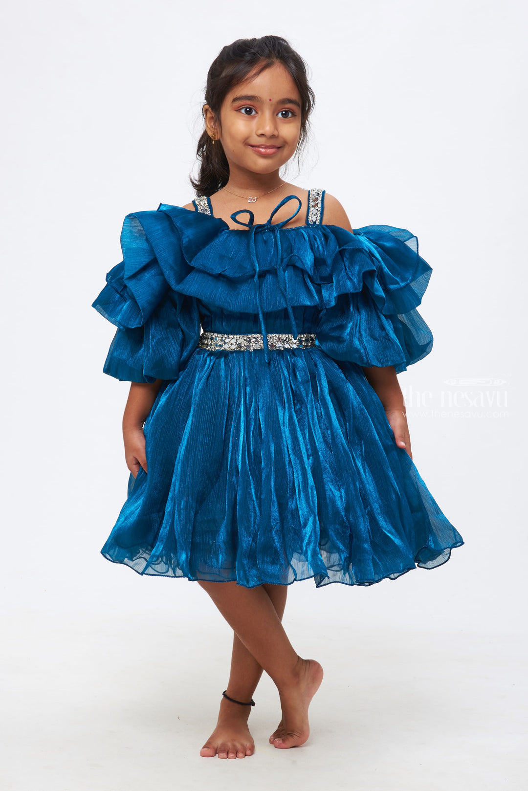 The Nesavu Girls Fancy Party Frock Azure Elegance: Girls Deep Blue Organza Ruffle Frock with Crystal Embellishments Nesavu A Touch of Elegance | Girls Party Frocks for Special Moments | The Nesavu