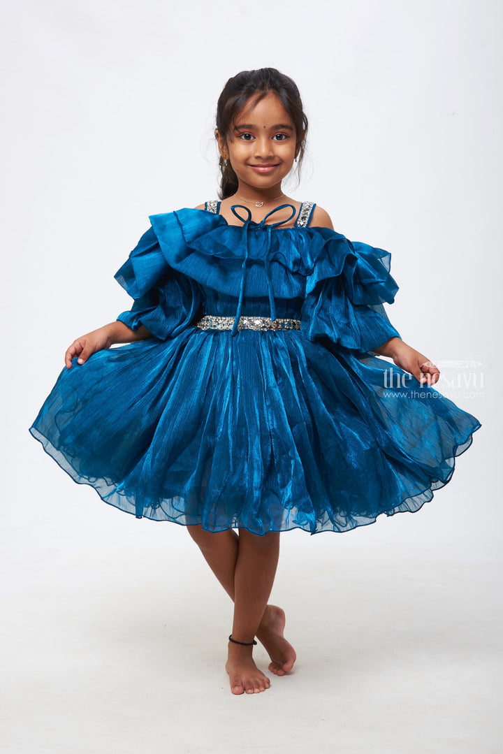 The Nesavu Girls Fancy Party Frock Azure Elegance: Girls Deep Blue Organza Ruffle Frock with Crystal Embellishments Nesavu A Touch of Elegance | Girls Party Frocks for Special Moments | The Nesavu