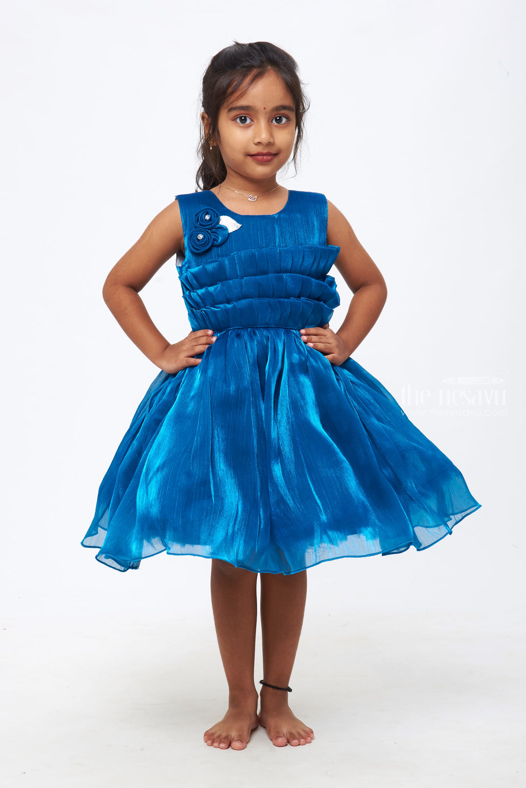 The Nesavu Girls Fancy Party Frock Azure Elegance: Girls Deep Blue Tulle Dress with Rosette Embellishments Nesavu 16 (1Y) / Blue / Satin Organza PF155D-16 Glam Up Her Wardrobe | Must-Have Party Frocks for Girls | The Nesavu