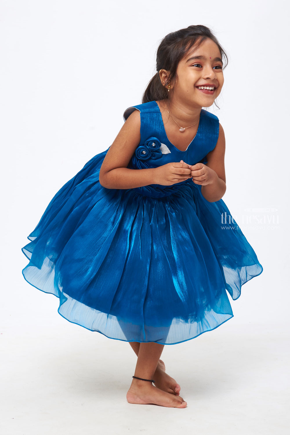 The Nesavu Girls Fancy Party Frock Azure Elegance: Girls Deep Blue Tulle Dress with Rosette Embellishments Nesavu Glam Up Her Wardrobe | Must-Have Party Frocks for Girls | The Nesavu