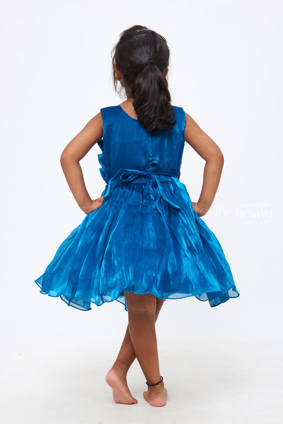 The Nesavu Girls Fancy Party Frock Azure Elegance: Girls Deep Blue Tulle Dress with Rosette Embellishments Nesavu Glam Up Her Wardrobe | Must-Have Party Frocks for Girls | The Nesavu