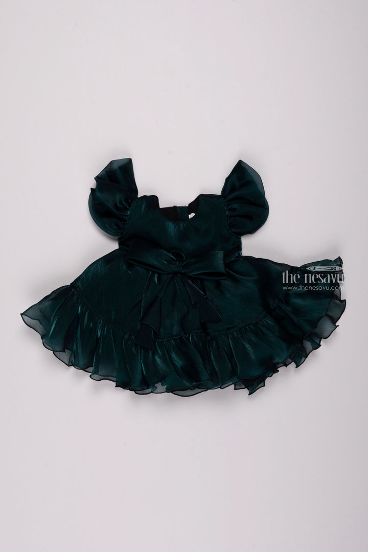 The Nesavu Girls Fancy Party Frock Azure Elegance: Girls' Organza Party Frock Adorned with Bow Applique Nesavu 12 (3M) / Green / Organza PF138A-12 Exclusive First Birthday Baby Frock Styles | Elegant Dresses for Little Girls | The Nesavu