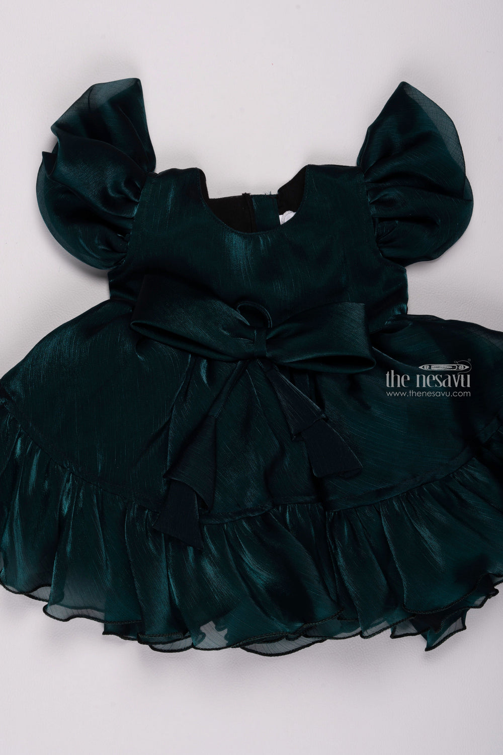 The Nesavu Girls Fancy Party Frock Azure Elegance: Girls' Organza Party Frock Adorned with Bow Applique Nesavu Exclusive First Birthday Baby Frock Styles | Elegant Dresses for Little Girls | The Nesavu
