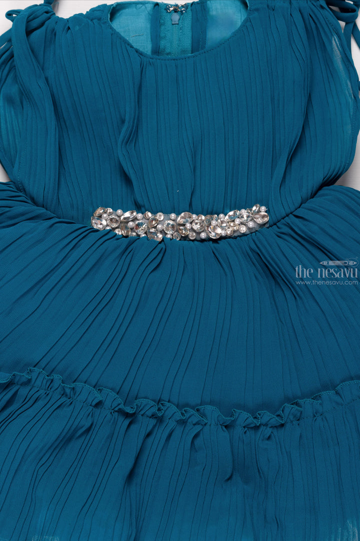The Nesavu Girls Fancy Party Frock Azure Elegance: Girls Pleated Blue Georgette Party Dress Nesavu Stunning Girls Party Frocks | Perfect for Special Occasions | The Nesavu