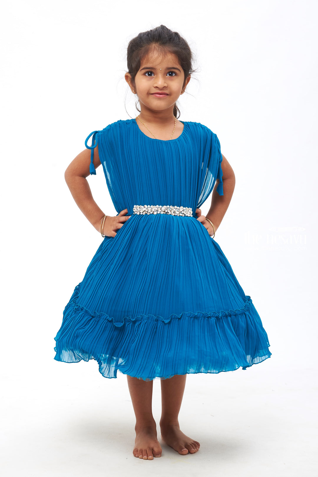 The Nesavu Girls Fancy Party Frock Azure Elegance: Girls Pleated Blue Georgette Party Dress Nesavu Stunning Girls Party Frocks | Perfect for Special Occasions | The Nesavu