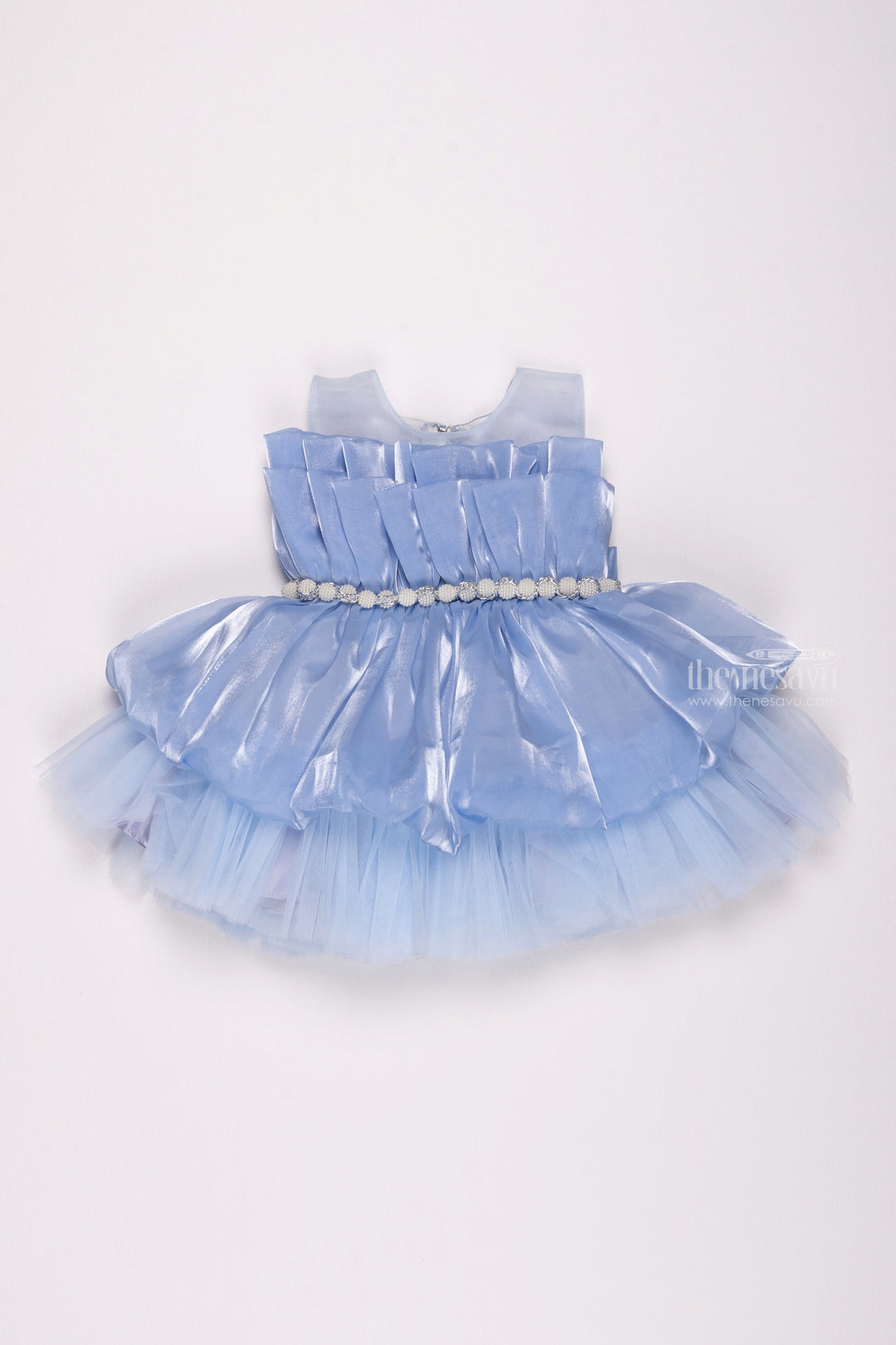 The Nesavu Girls Fancy Party Frock Azure Whimsy: Double-Layered Pleated Baby Party Frock for Girls Nesavu 12 (3M) / Blue / Organza PF143A-12 Find the Perfect Baby Birthday Frock: Trendy Dresses for Little Princesses | The Nesavu
