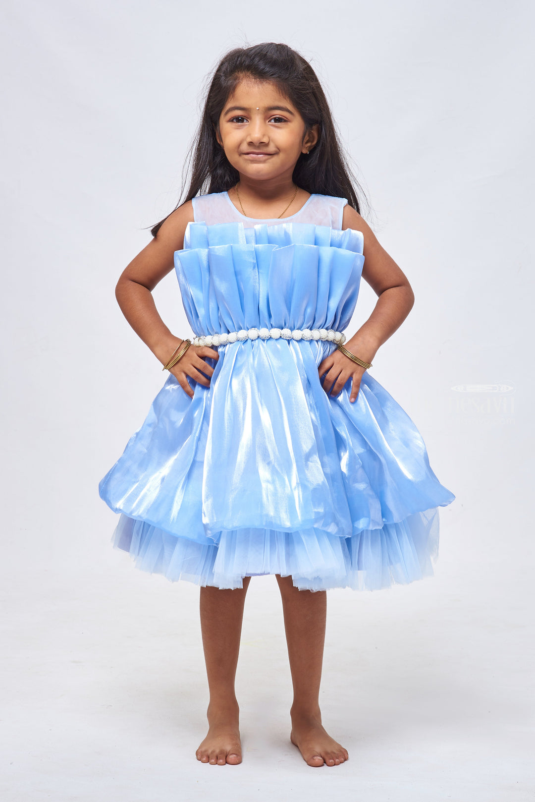 The Nesavu Girls Fancy Party Frock Azure Whimsy: Double-Layered Pleated Baby Party Frock for Girls Nesavu 12 (3M) / Blue / Organza PF143A-12 Find the Perfect Baby Birthday Frock: Trendy Dresses for Little Princesses | The Nesavu
