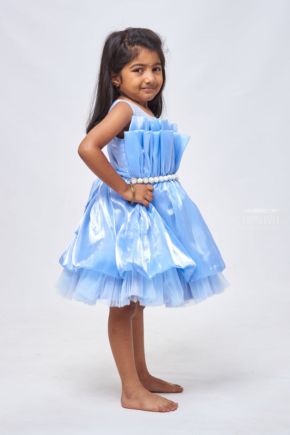The Nesavu Girls Fancy Party Frock Azure Whimsy: Double-Layered Pleated Baby Party Frock for Girls Nesavu Find the Perfect Baby Birthday Frock: Trendy Dresses for Little Princesses | The Nesavu
