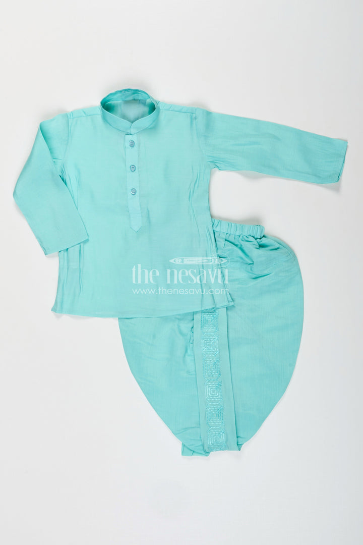 The Nesavu Boys Dothi Set Baby boy blue dhoti set with embroidered jacket for festive and naming day Nesavu Nesavu baby boy blue silk cotton dhoti set embroidered jacket  perfect naming day festive wear