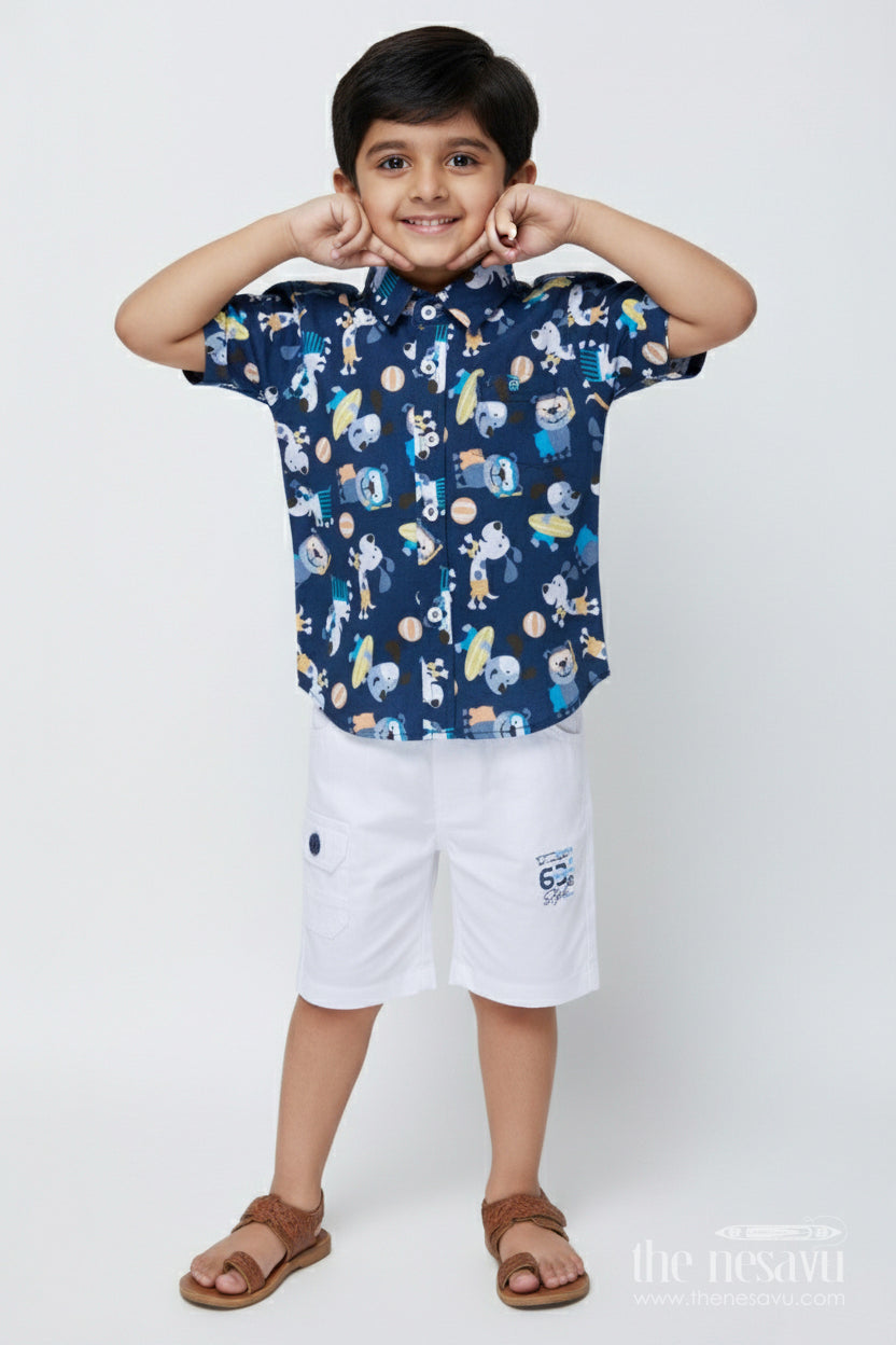 The Nesavu Boys Casual Set Baby Boy Casual Cotton Set with Digital Printed Shirt and Shorts Nesavu 16 (1Y) / Blue BCS463B-16 Nesavu baby boy digital print cotton casual set with shirt and shorts for daily wear