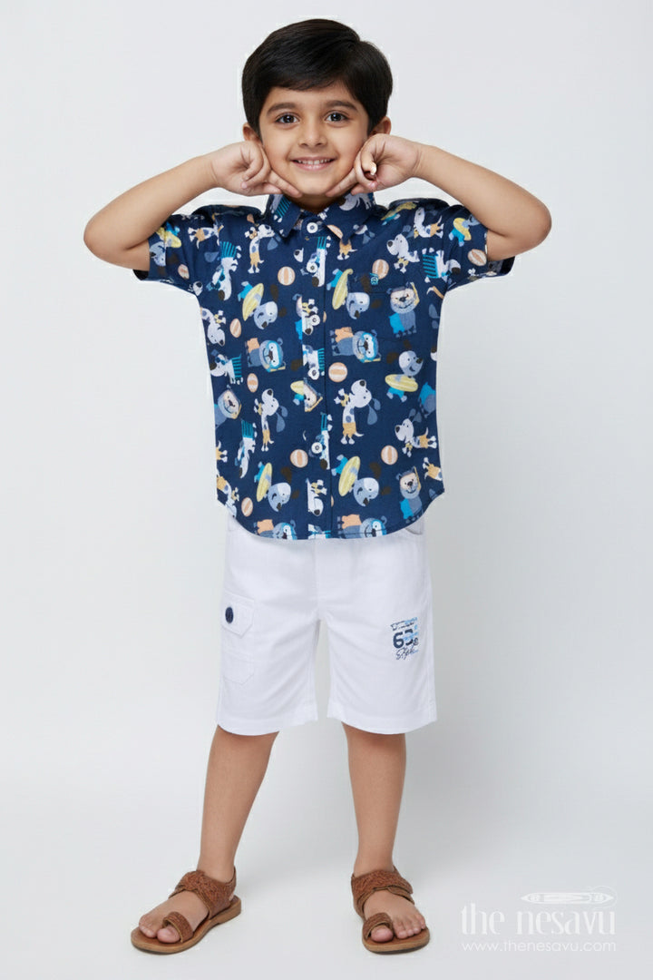 The Nesavu Boys Casual Set Baby Boy Casual Cotton Set with Digital Printed Shirt and Shorts Nesavu 16 (1Y) / Blue BCS463B-16 Nesavu baby boy digital print cotton casual set with shirt and shorts for daily wear