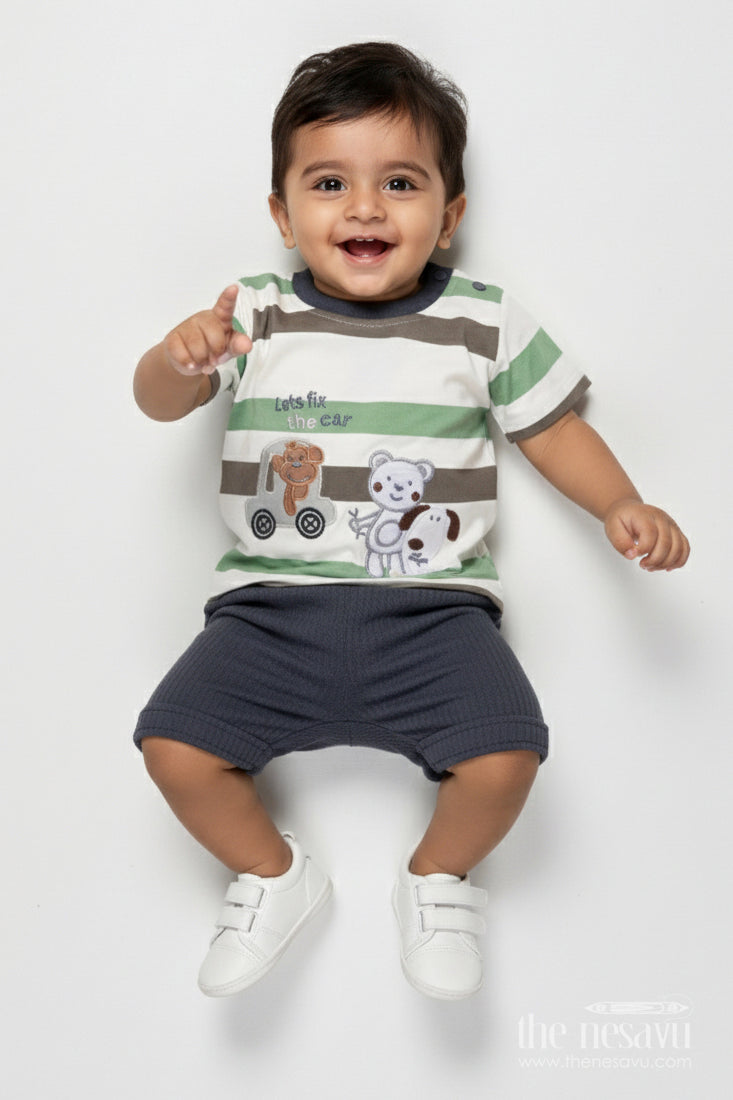 The Nesavu Boys Casual Set Baby Boy Cotton Shorts Set for Summer Play and Everyday Wear Nesavu 14 (6M) / Green BCS530A-14 Nesavu baby boy striped cotton t-shirt shorts set summer days casual play
