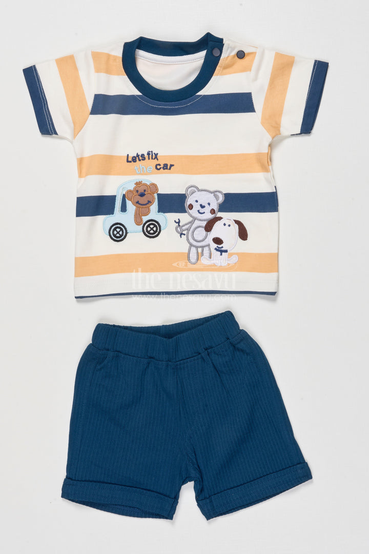 The Nesavu Boys Casual Set Baby Boy Cotton T-shirt and Shorts Set for Summer Play Nesavu 14 (6M) / Blue BCS530B-14 Nesavu baby boy striped cotton t-shirt shorts outfit everyday summer comfort