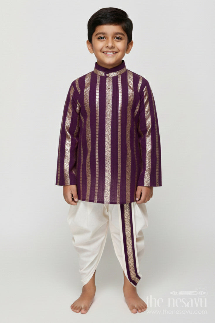 The Nesavu Boys Dothi Set Baby Boy Dhoti Kurta Set for Festive Celebrations and Family Poojas Nesavu 12 (3M) / Purple BES780B-12 Nesavu baby boy dhoti kurta in viscose silk for poojas, weddings and festive family gatherings