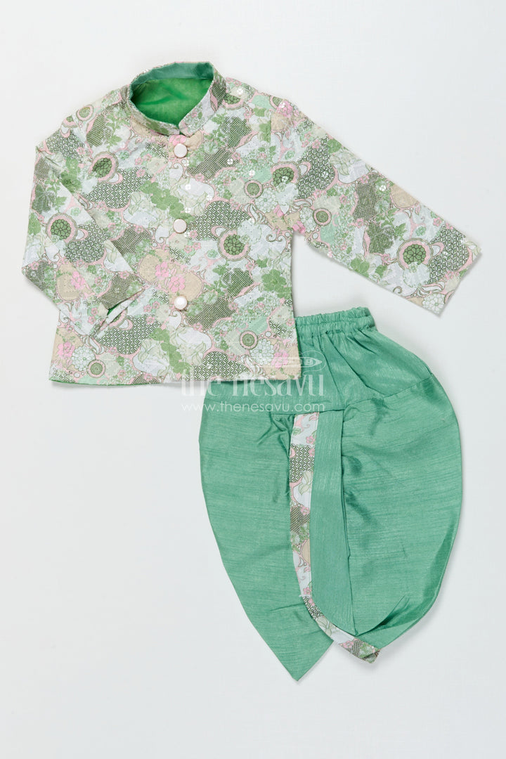 The Nesavu Boys Dothi Set Baby Boy Dhoti Kurta Set for Traditional Events and Family Functions Nesavu 12 (3M) / Green BES939A-12 Nesavu baby boy dhoti kurta set for weddings and traditional functions with digital print