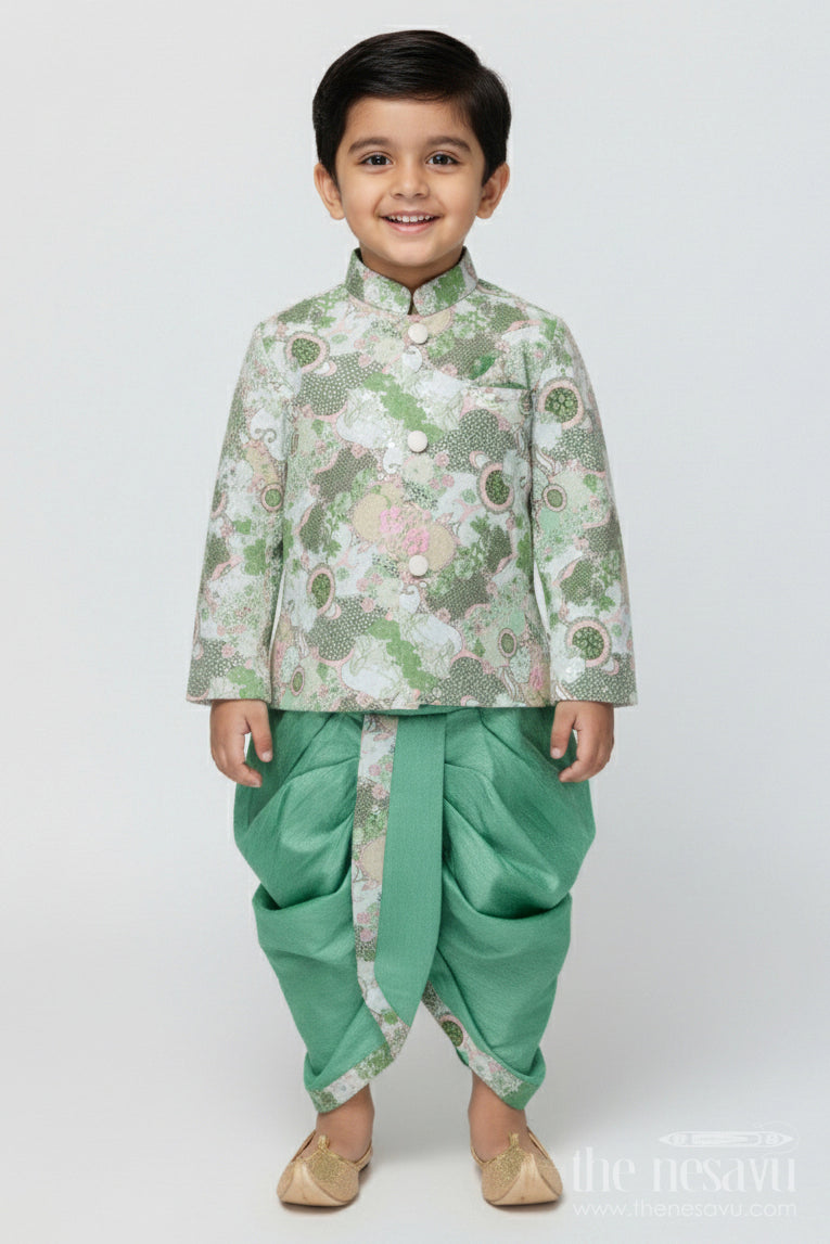 The Nesavu Boys Dothi Set Baby Boy Dhoti Kurta Set for Traditional Events and Family Functions Nesavu 12 (3M) / Green BES939A-12 Nesavu baby boy dhoti kurta set for weddings and traditional functions with digital print