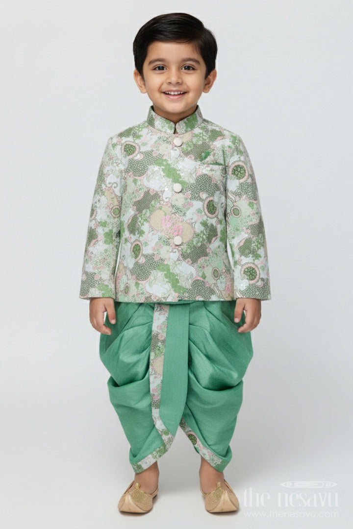 The Nesavu Boys Dothi Set Baby Boy Dhoti Kurta Set for Traditional Events and Family Functions Nesavu 12 (3M) / Green BES939A-12 Nesavu baby boy dhoti kurta set for weddings and traditional functions with digital print