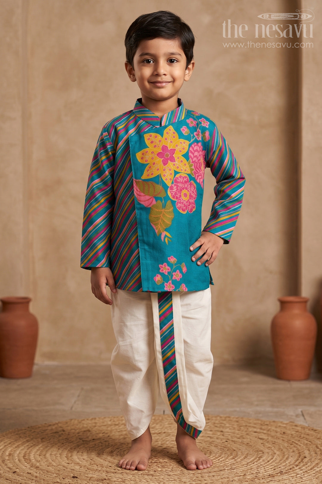 The Nesavu Boys Dothi Set Baby Boy Dhoti Set for Festive Celebrations and Traditional Functions Nesavu 14 (6M) / Green / Viscose BES1007D-14 Nesavu Baby Boy Dhoti Set For Festive Celebrations With Floral Digital Print Top And Traditional Styling