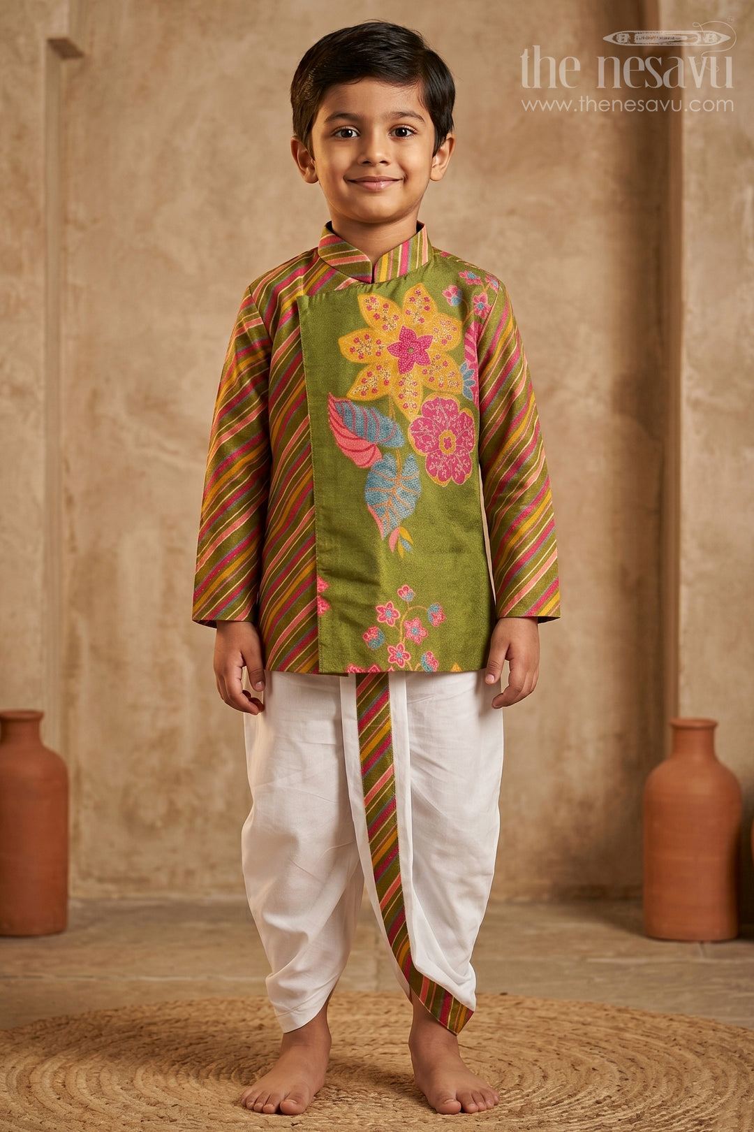 The Nesavu Boys Dothi Set Baby Boy Dhoti Set for Festive Occasions and Traditional Outings Nesavu 14 (6M) / Green / Viscose BES1007A-14 Nesavu Baby Boy Dhoti Set For Festive Occasions With Digital Print Top And Comfortable Traditional Wear