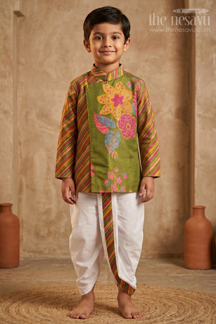 The Nesavu Boys Dothi Set Baby Boy Dhoti Set for Festive Occasions and Traditional Outings Nesavu 14 (6M) / Green / Viscose BES1007A-14 Nesavu Baby Boy Dhoti Set For Festive Occasions With Digital Print Top And Comfortable Traditional Wear