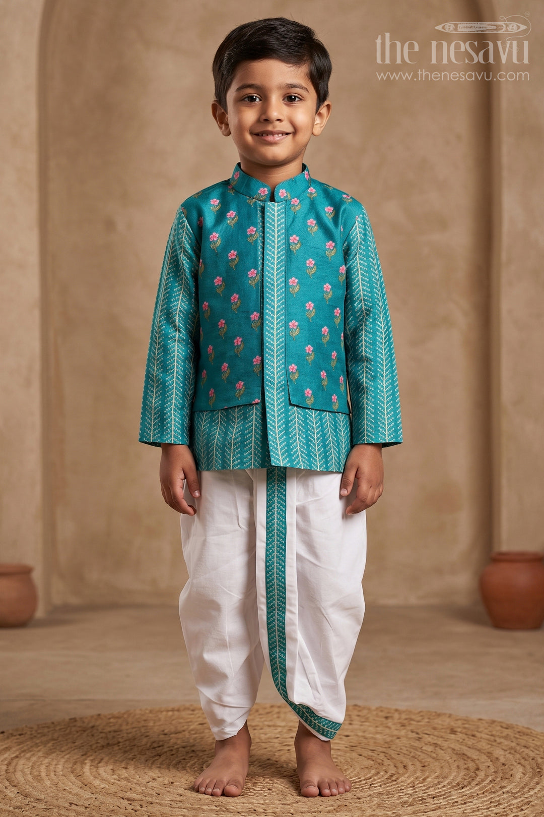 The Nesavu Boys Dothi Set Baby Boy Dhoti Set for Traditional Functions and Festive Wear Nesavu 14 (6M) / Green / Viscose BES1006A-14 Nesavu Baby Boy Dhoti Set For Festive Wear With Digital Print Top And Comfortable Ethnic Styling