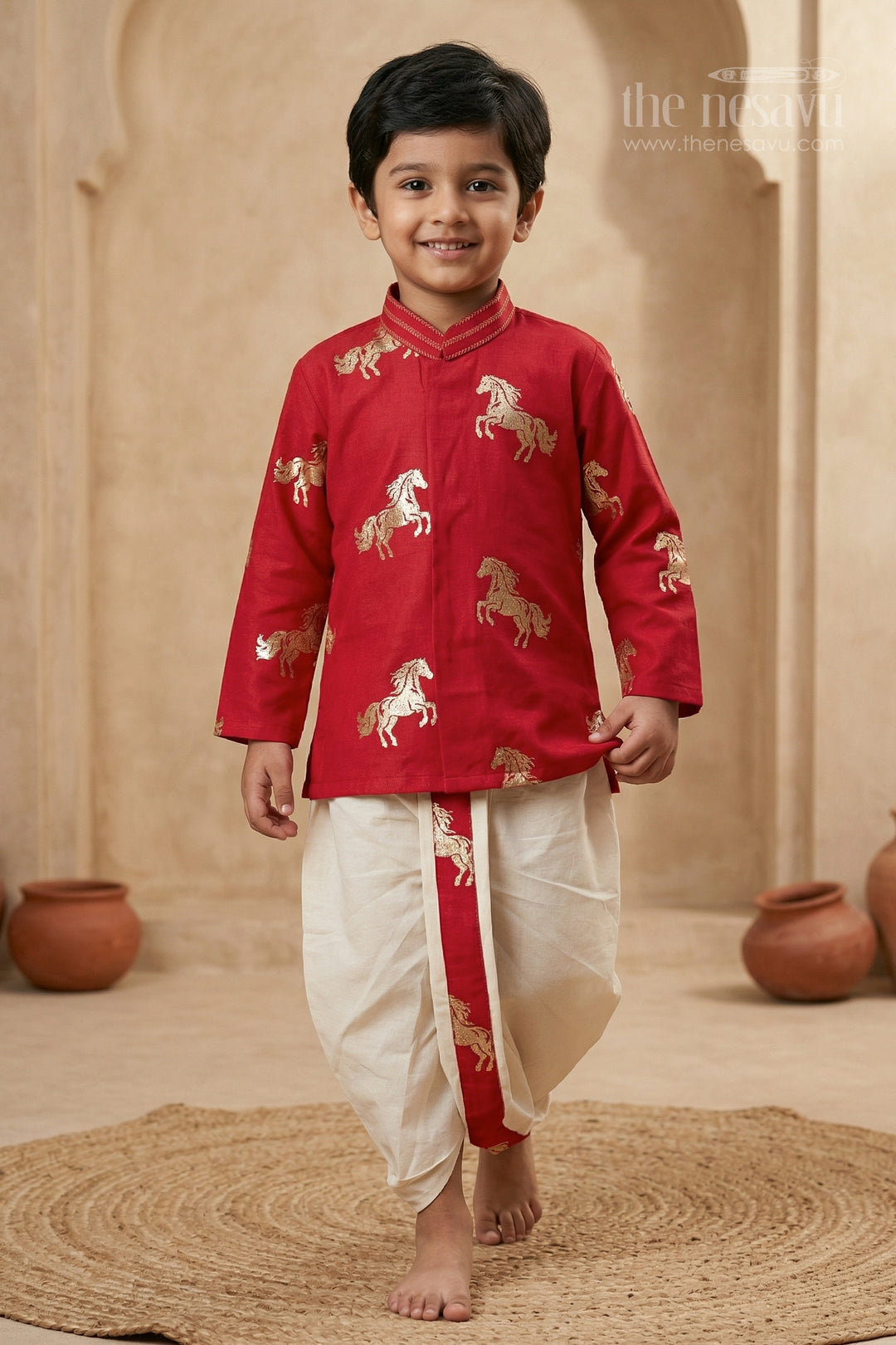 The Nesavu Boys Dothi Set Baby Boy Ethnic Dhoti Set for Naming Ceremony and Festive Photos Nesavu 14 (6M) / Pink / Silk blend BES956C-14 Nesavu baby boy ethnic dhoti set for naming ceremony festive celebrations and family photos