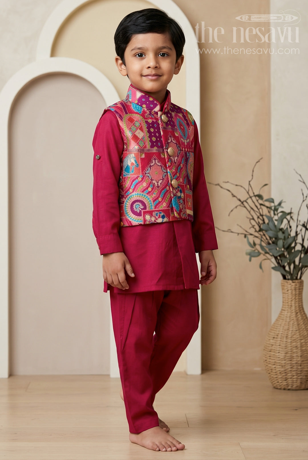 The Nesavu Boys Jacket Sets Baby Boy Ethnic Jacket Set for Festive Weddings and Celebrations Nesavu 14 (6M) / Red / Viscose BES1025A-14 Nesavu Baby Boy Ethnic Jacket Set With Printed Designer Jacket For Festive Weddings And Celebrations