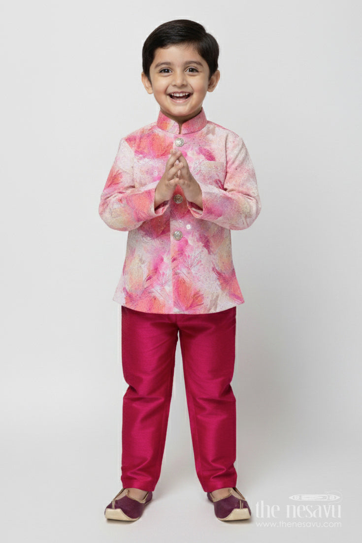 The Nesavu Boys Kurtha Set Baby Boy Kurta Set for Festive Photoshoots and Cultural Outings Nesavu 12 (3M) / Pink BES943A-12 Nesavu baby boy kurta set with digital prints for photoshoots and festive outings