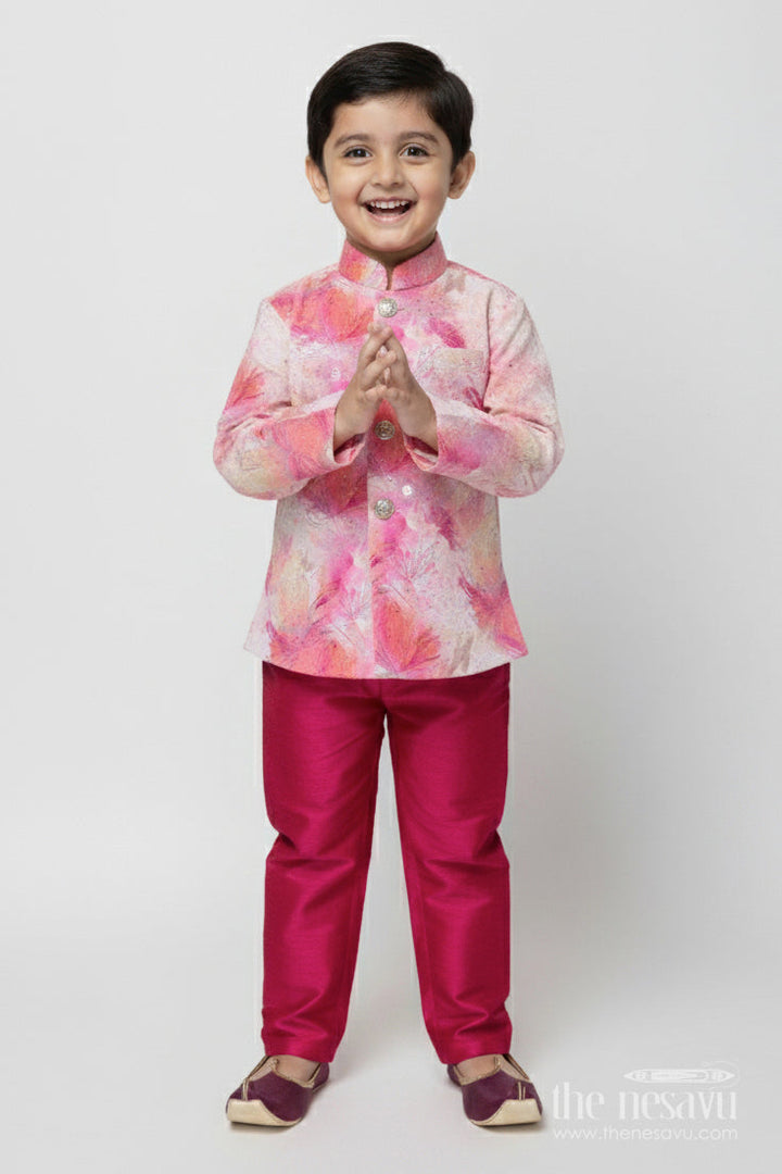 The Nesavu Boys Kurtha Set Baby Boy Kurta Set for Festive Photoshoots and Cultural Outings Nesavu 12 (3M) / Pink BES943A-12 Nesavu baby boy kurta set with digital prints for photoshoots and festive outings
