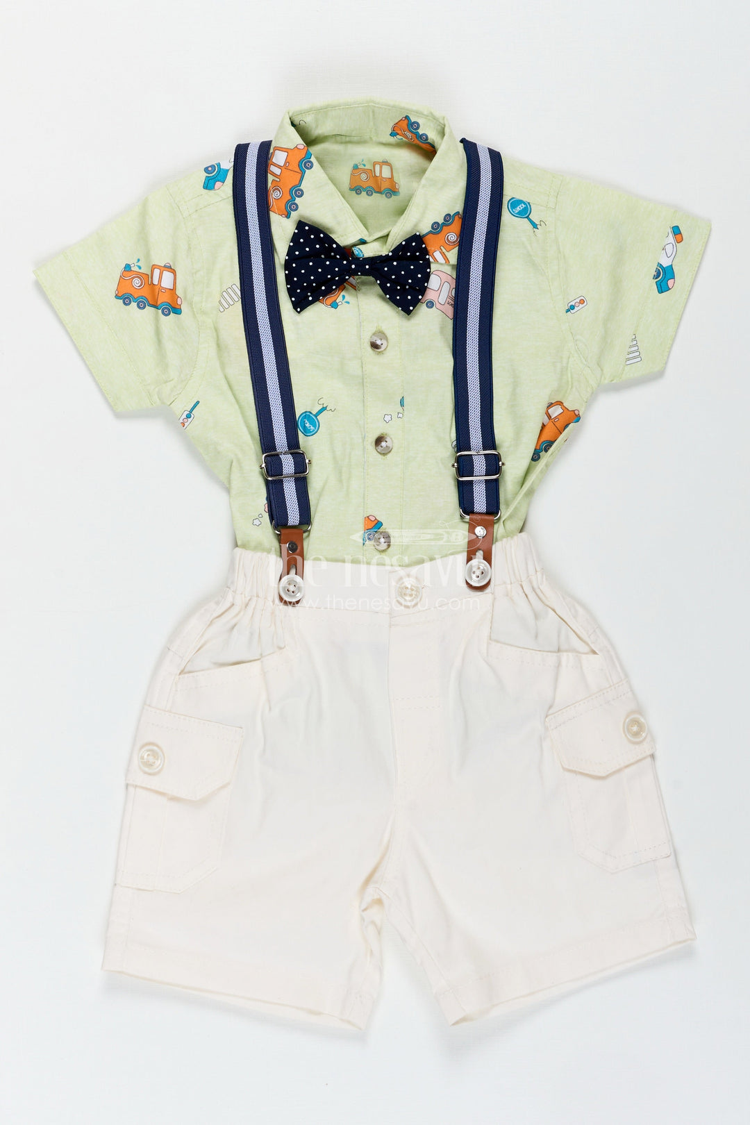 The Nesavu Boys Casual Set Baby Boy Light Green Outfit with Cartoon Vehicle Print and Cream Shorts Featuring Suspenders Nesavu 12 (3M) / Green BCS325B-12 Nesavu Baby Boy Light Green Outfit Vehicle Print Shirt White Shorts Suspenders
