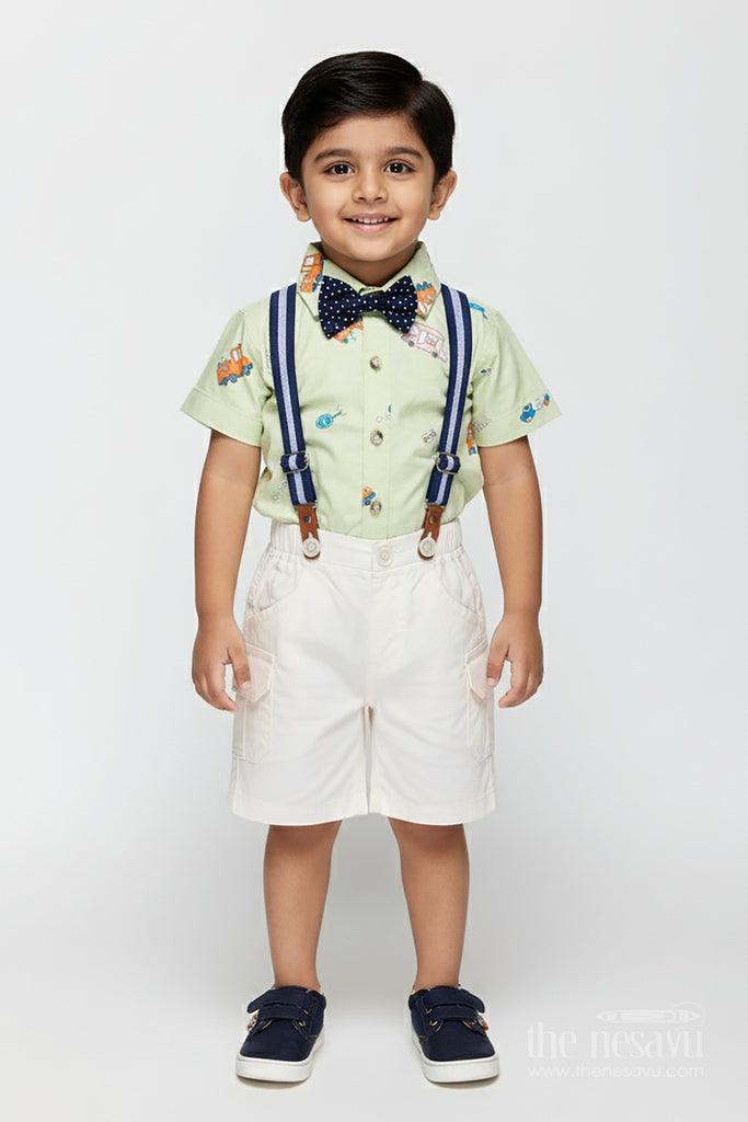 Baby Boy Light Green Outfit with Cartoon Vehicle Print and Cream Shorts Featuring Suspenders