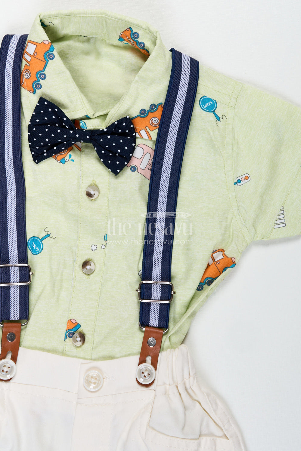 The Nesavu Boys Casual Set Baby Boy Light Green Outfit with Cartoon Vehicle Print and Cream Shorts Featuring Suspenders Nesavu Nesavu Baby Boy Light Green Outfit Vehicle Print Shirt White Shorts Suspenders
