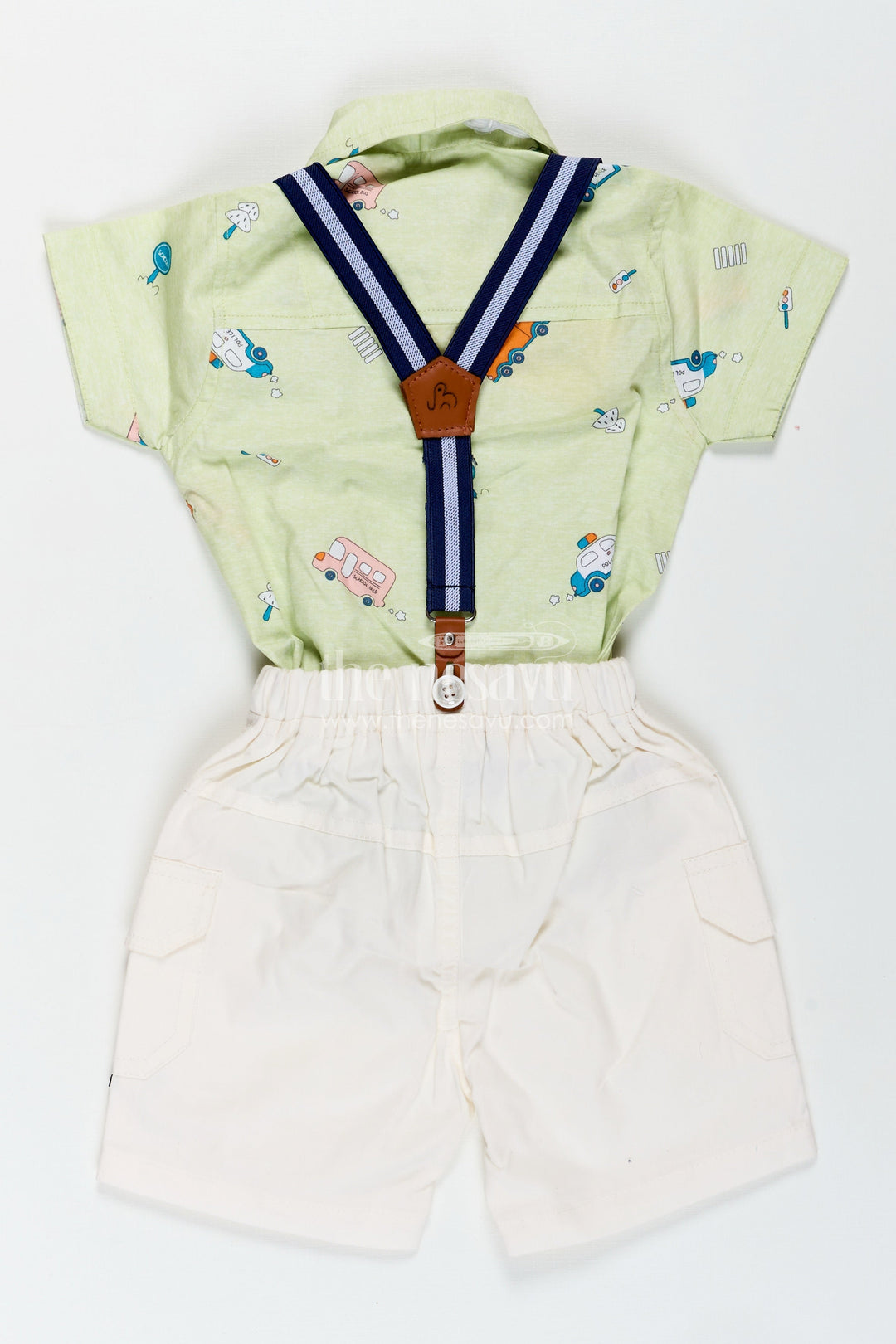 The Nesavu Boys Casual Set Baby Boy Light Green Outfit with Cartoon Vehicle Print and Cream Shorts Featuring Suspenders Nesavu Nesavu Baby Boy Light Green Outfit Vehicle Print Shirt White Shorts Suspenders