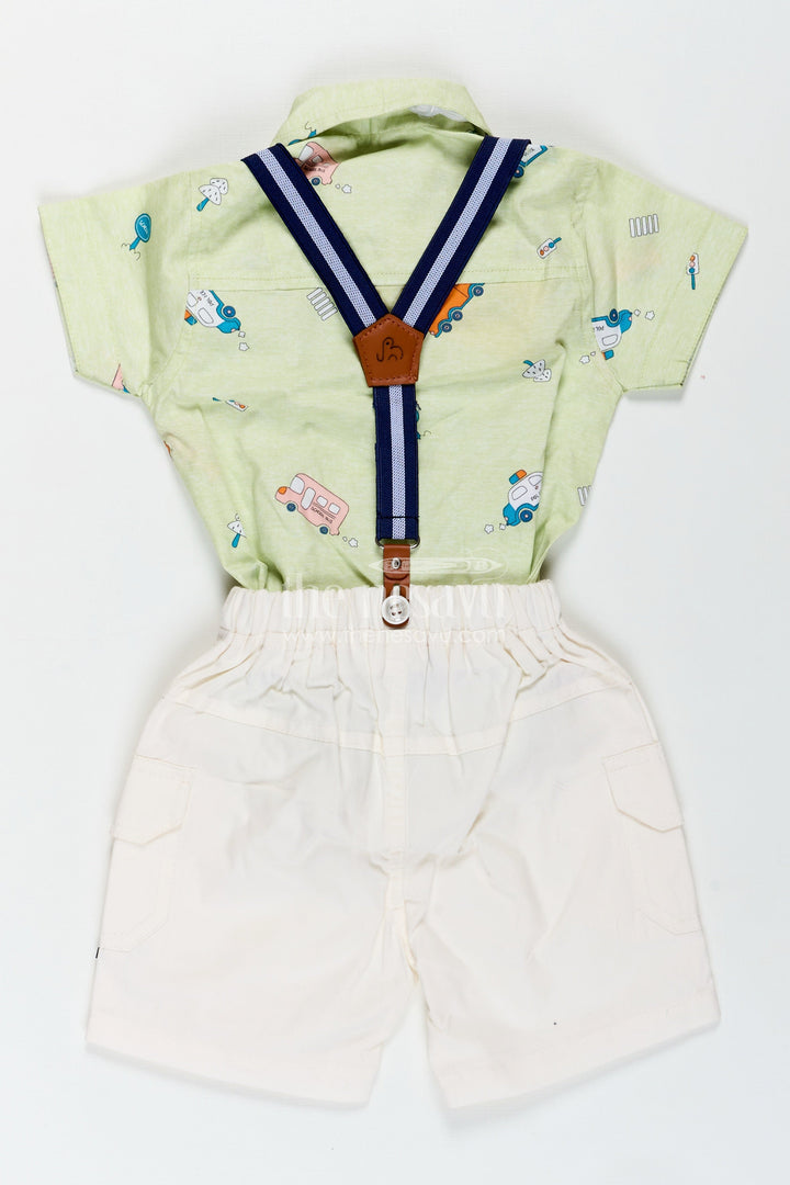 The Nesavu Boys Casual Set Baby Boy Light Green Outfit with Cartoon Vehicle Print and Cream Shorts Featuring Suspenders Nesavu Nesavu Baby Boy Light Green Outfit Vehicle Print Shirt White Shorts Suspenders