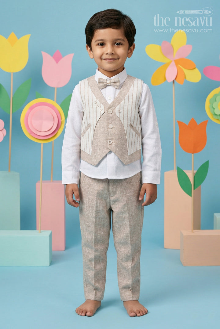 The Nesavu Boys Casual Set Baby Boy Outfit for Weddings and Formal Celebrations Nesavu 12 (3M) / Gray / Cotton BCS591A-12 Nesavu Baby Boy Formal Outfit For Weddings With Cotton Shirt Striped Jacket And Pant Set